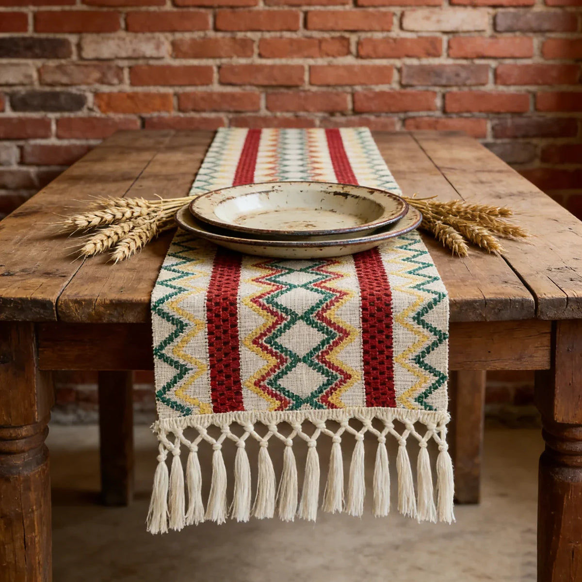 Bohemian table runner Aztec pattern woven pom-poms - view 6