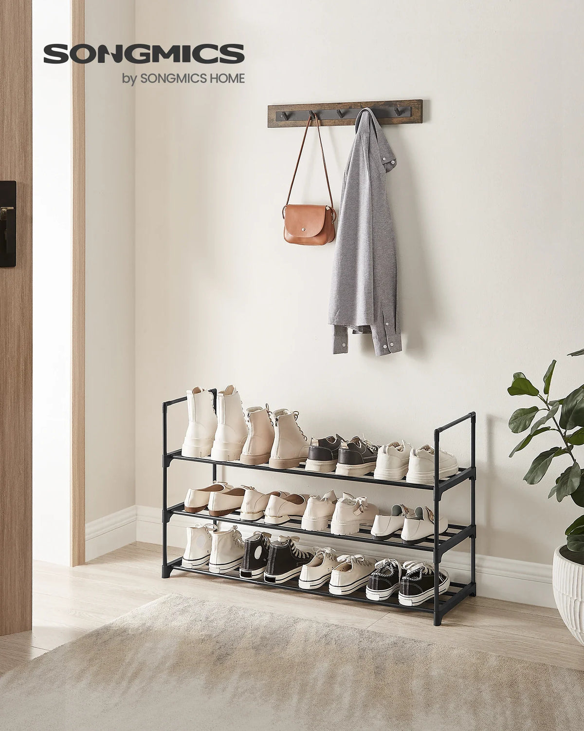 SONGMICS Shoe Rack 3 Tier, Metal Shoe Rack for 12-15 Pairs, Stackable, Hallway, Living Room, Bedroom, 30 x 92 x 55 cm