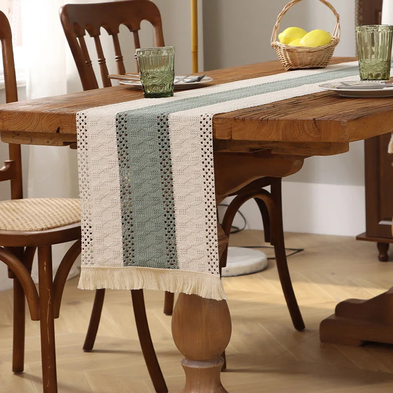 Bohemian Cotton-Linen Table Runner in Beige with Pom-Poms, Style Four - 30X50cm