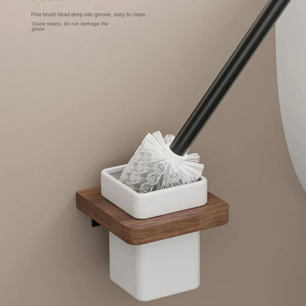 Wall-Mounted Toilet Brush Holder Set, Ceramic Base, Solid Wood, Luxury Bathroom Accessories, No Dead Corner - view 2