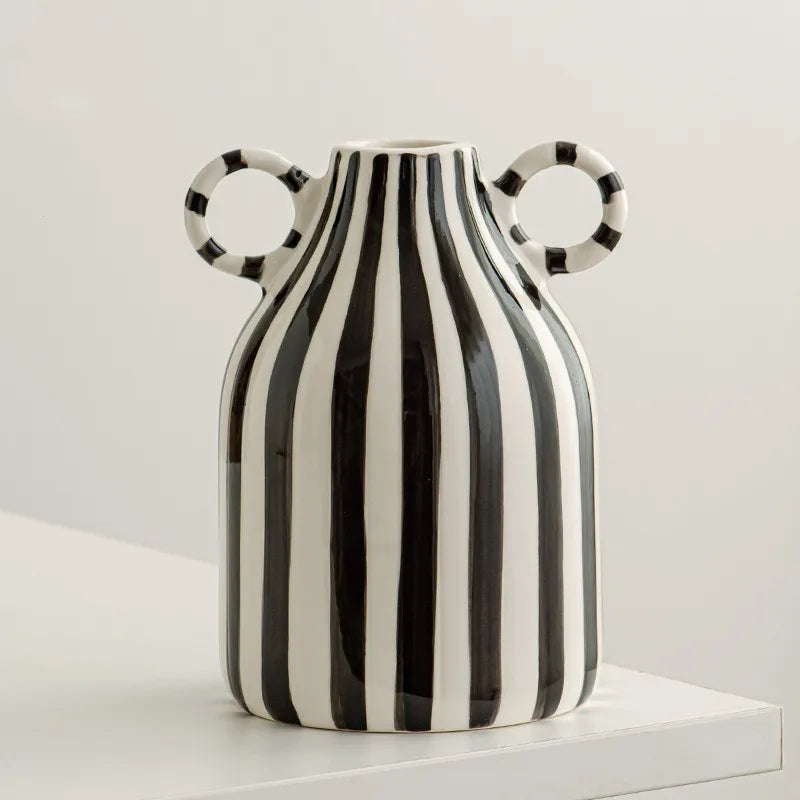 Double Ear Ceramic Vase, Abstract Black and White Striped Hydroponic Vase, Living Room Decoration, Room Aesthetic Decoration - D