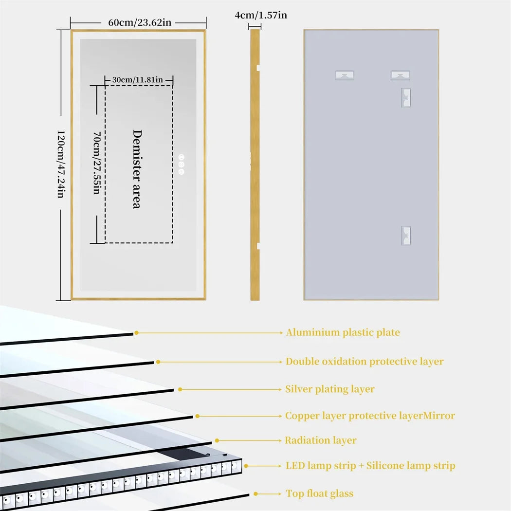Illuminated mirror with golden frame and three-colored anti-fog led lights - 120x60CM (48x24 inches)