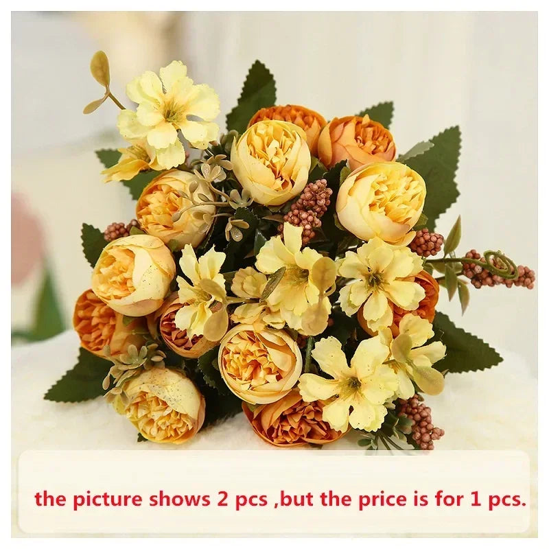 Wedding decoration artificial flowers in silk and green plants - Yellow