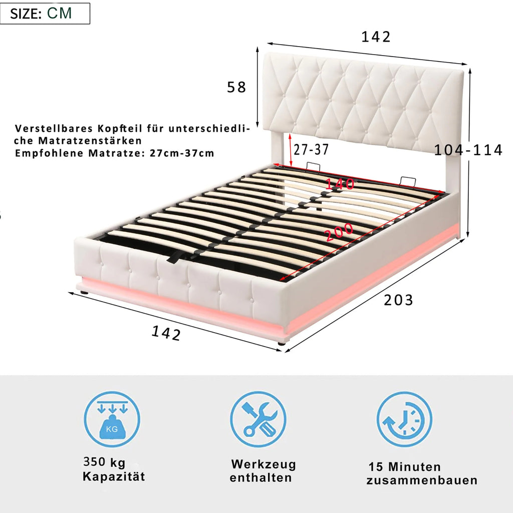 White Upholstered Bed, 140x200cm Double Bed, with Slatted Frame Artificial Leather Cover LED Lighting Hydraulically Liftable Bed - WHITE / Double