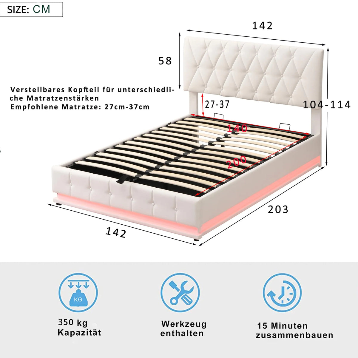 White Upholstered Bed, 140x200cm Double Bed, with Slatted Frame Artificial Leather Cover LED Lighting Hydraulically Liftable Bed - WHITE / Double