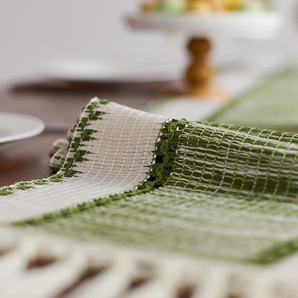 Striped table runner bohemian beige woven pom-poms - view 6