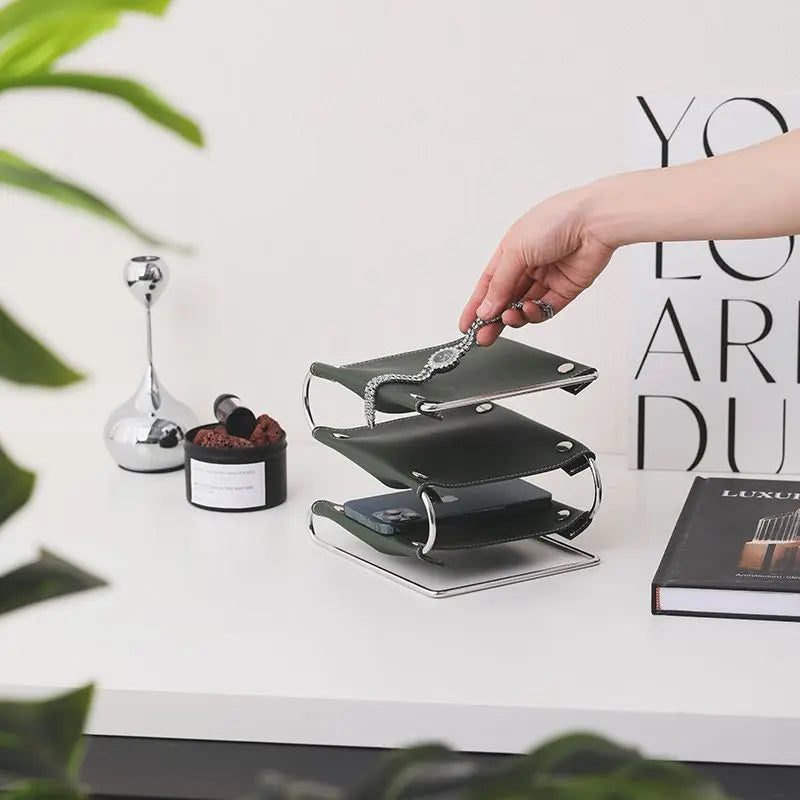 Multifunction storage holder in leather and stainless steel - view 4