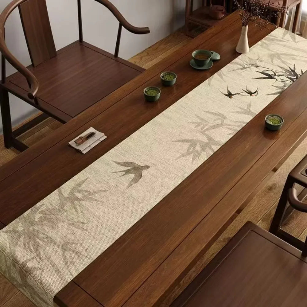 Chinese style tablecloth birds and bamboo ink pattern - 33X90CM(1.1X3FT