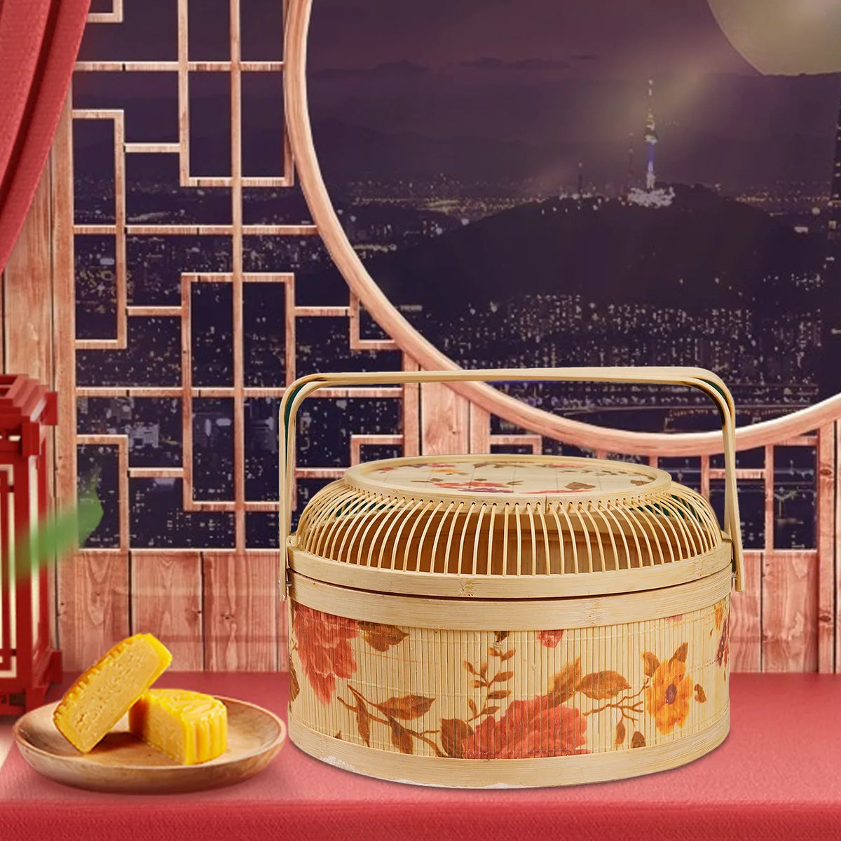 Handmade Woven Basket With Hollow Cover, 26x26x10cm Kitchen Bamboo Woven Tote Basket For New Year And Spring Festival - view 5