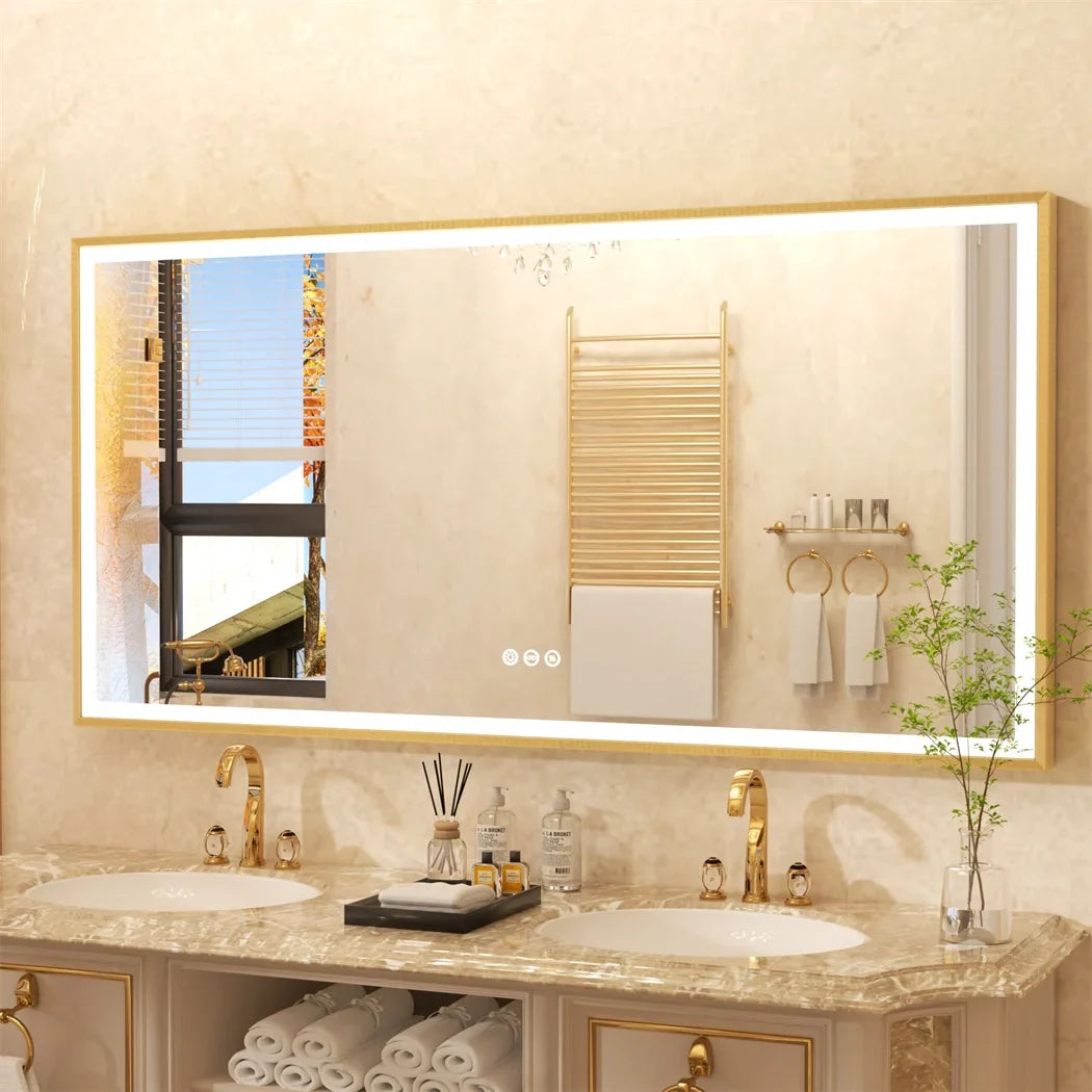 Illuminated mirror with golden frame and three-colored anti-fog led lights - view 2