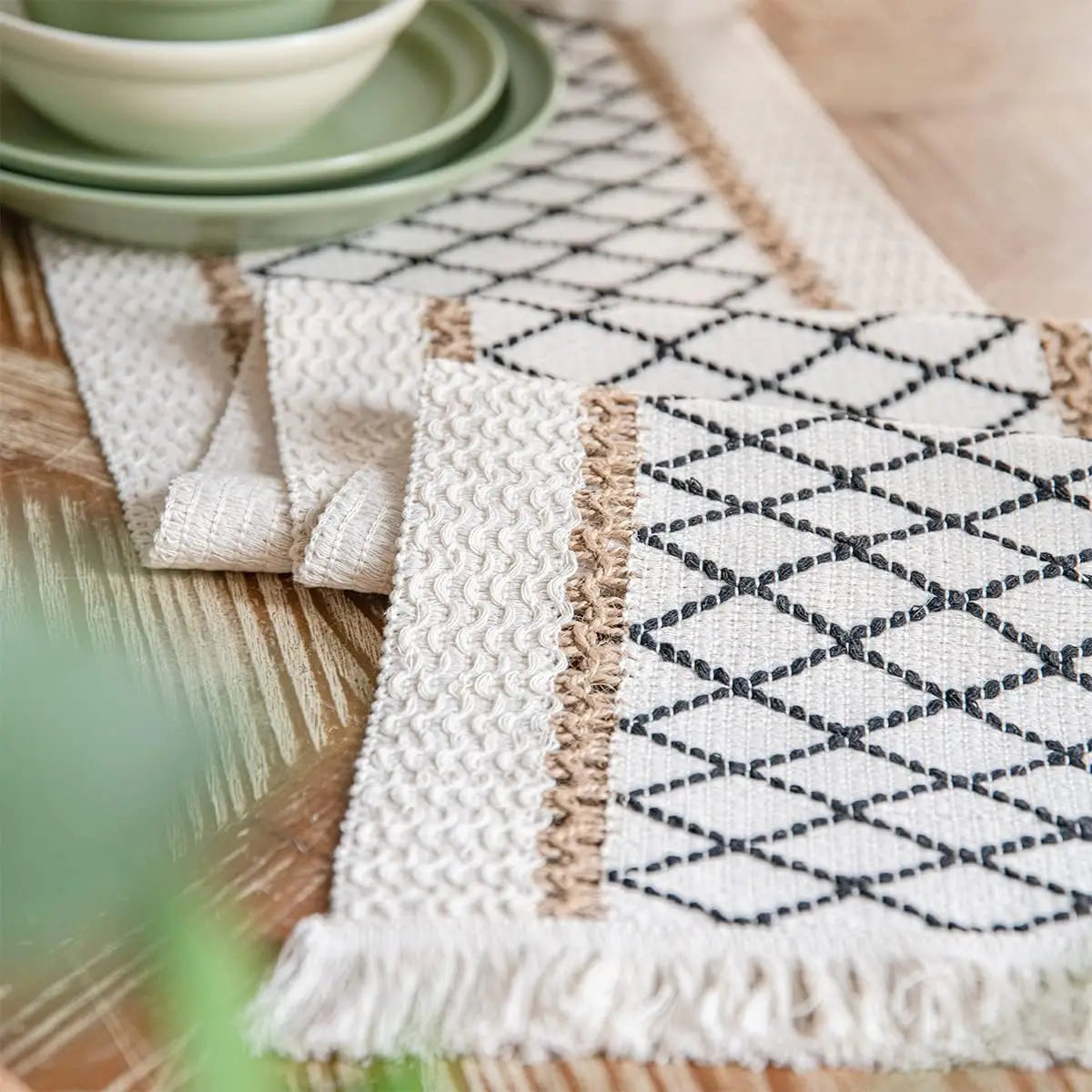 Beige Boho Geometric Table Runner with Pom-Poms, Cotton Blend - view 6