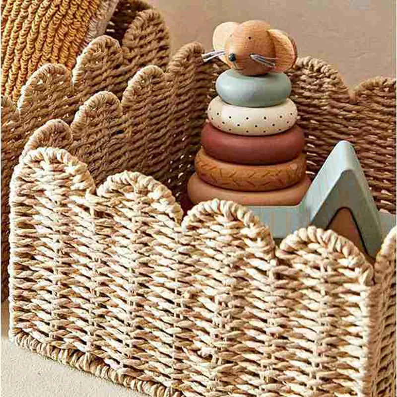 Scalloped Edge Basket, Wicker Storage Baskets,Handwoven Organizing Baskets For Shelves, Paper Rope Design - As Shown