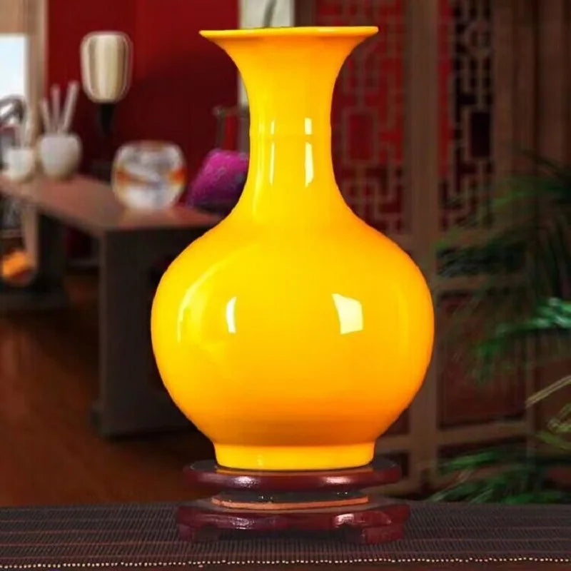 Jingdezhen Yellow Ceramic Vases, All Yellow Glaze Home Crafts, Living Room, Office Decoration, Wedding Gifts - A-23cm