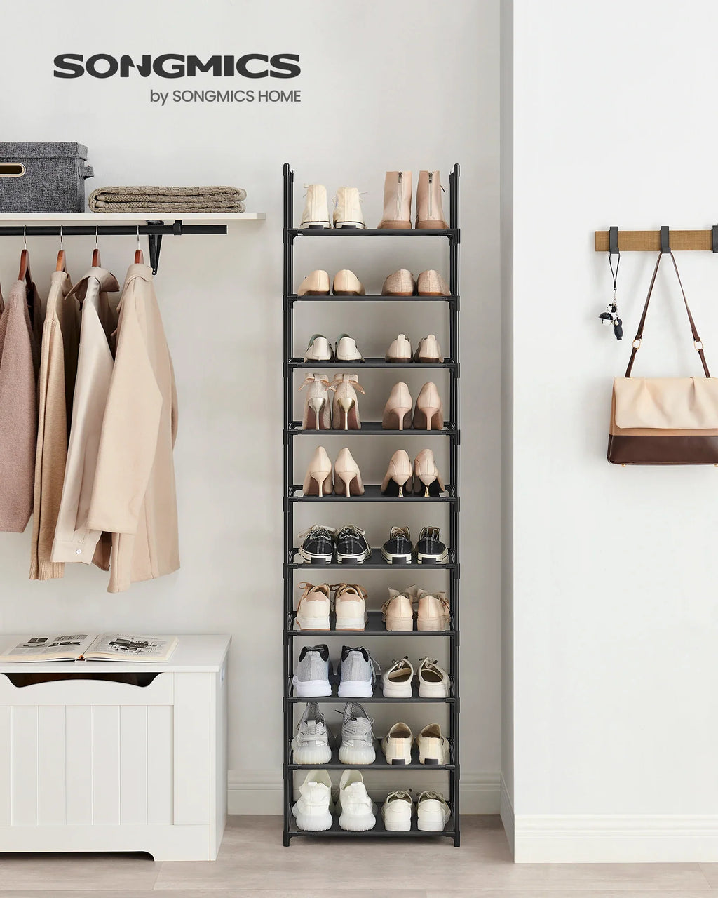 SONGMICS Shoe Rack, 10 Tiers, Narrow Shoe Rack, 28 x 45 x 173 cm, Metal Frame, Non-Woven Fabric Shelves, Hallway, Bedroom