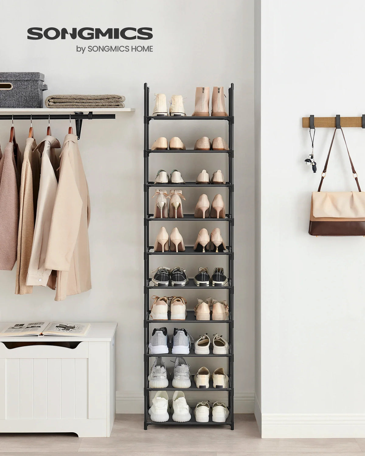 SONGMICS Shoe Rack, 10 Tiers, Narrow Shoe Rack, 28 x 45 x 173 cm, Metal Frame, Non-Woven Fabric Shelves, Hallway, Bedroom
