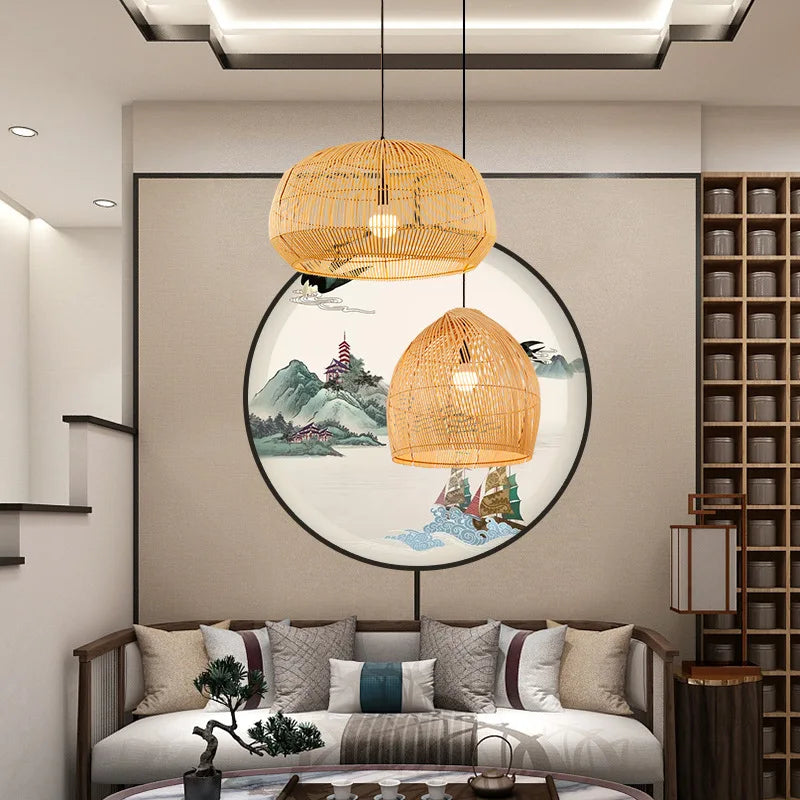 Vintage pendant light in Chinese style bamboo hand made for interior decoration