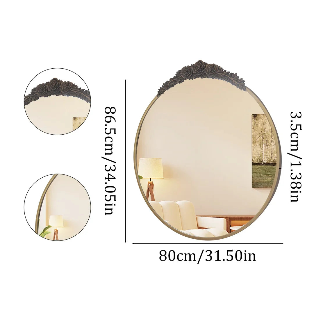 LUVODI Baroque Brass Round Wall decor Mirror Resin rose Pattern Metal Frame Art Mirror for Living Room,Bathroom Decoration - Round / Other