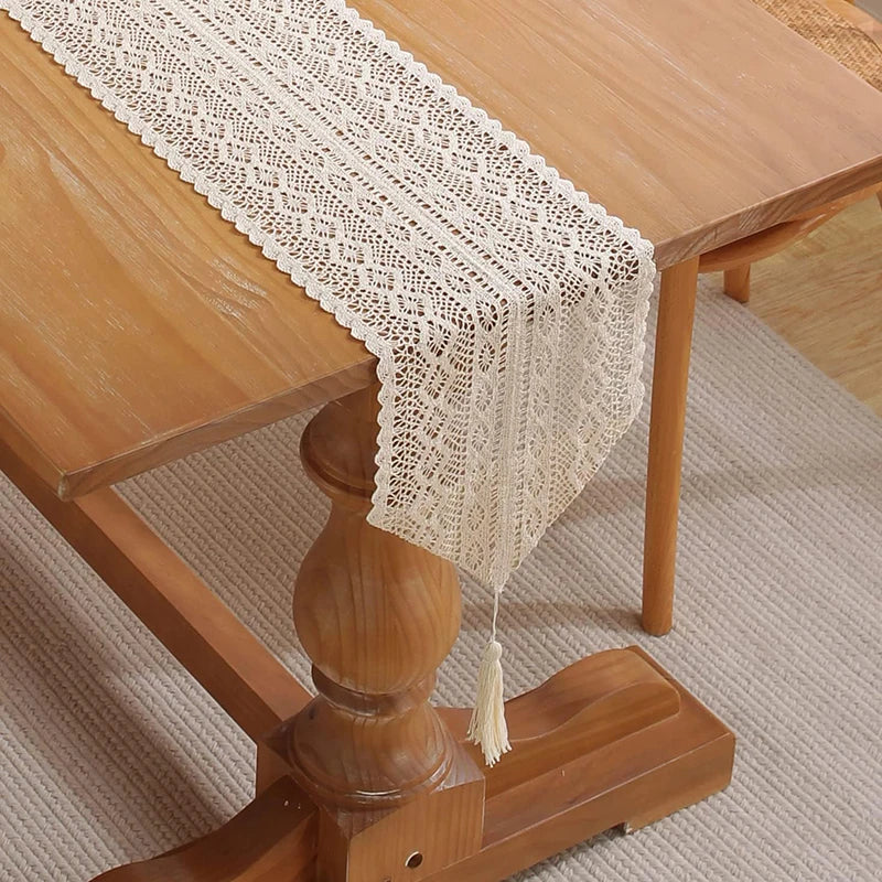 Table runner lace crochet bohemian pom-poms beige - view 3