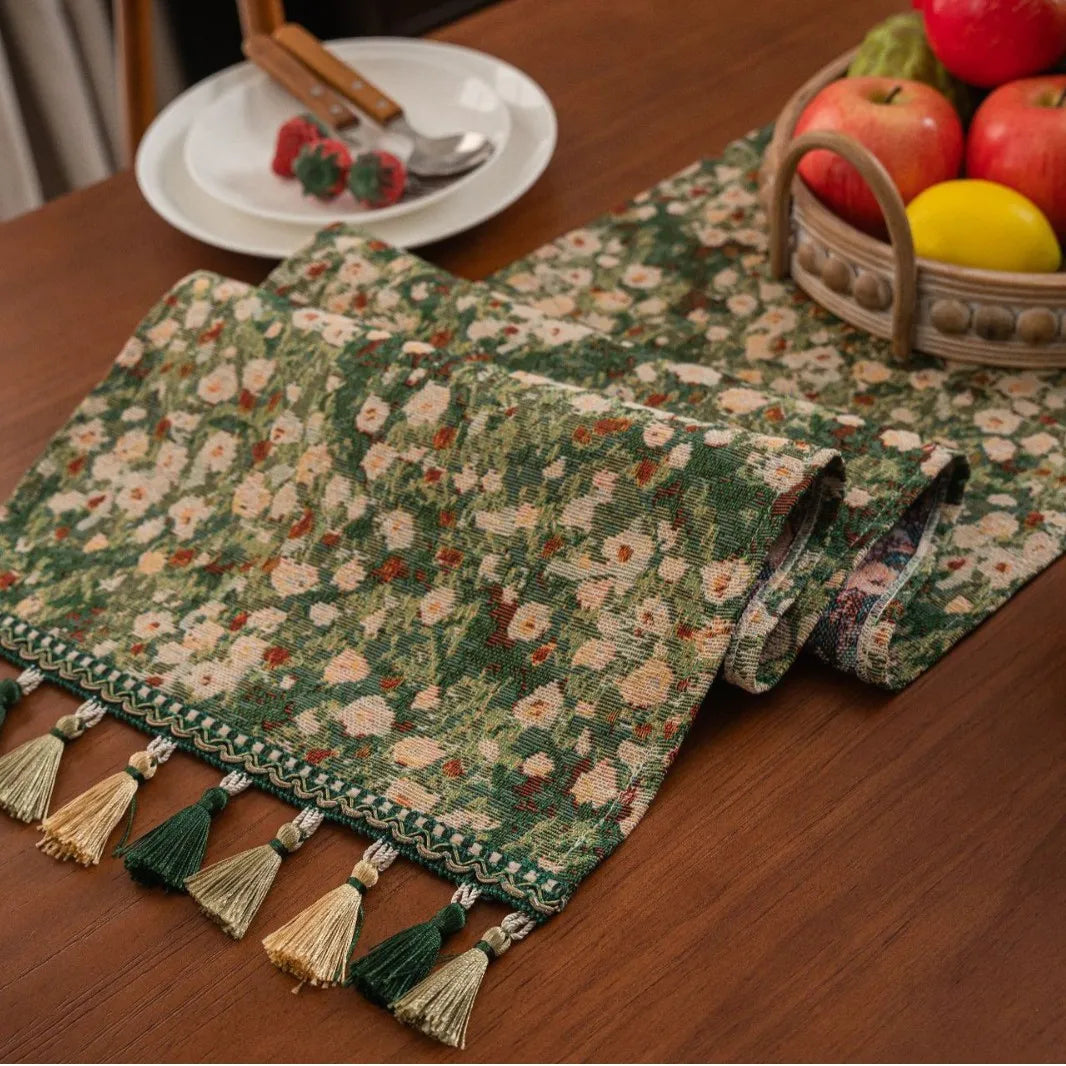 Floral green jacquard table runner with pumpkins - view 2