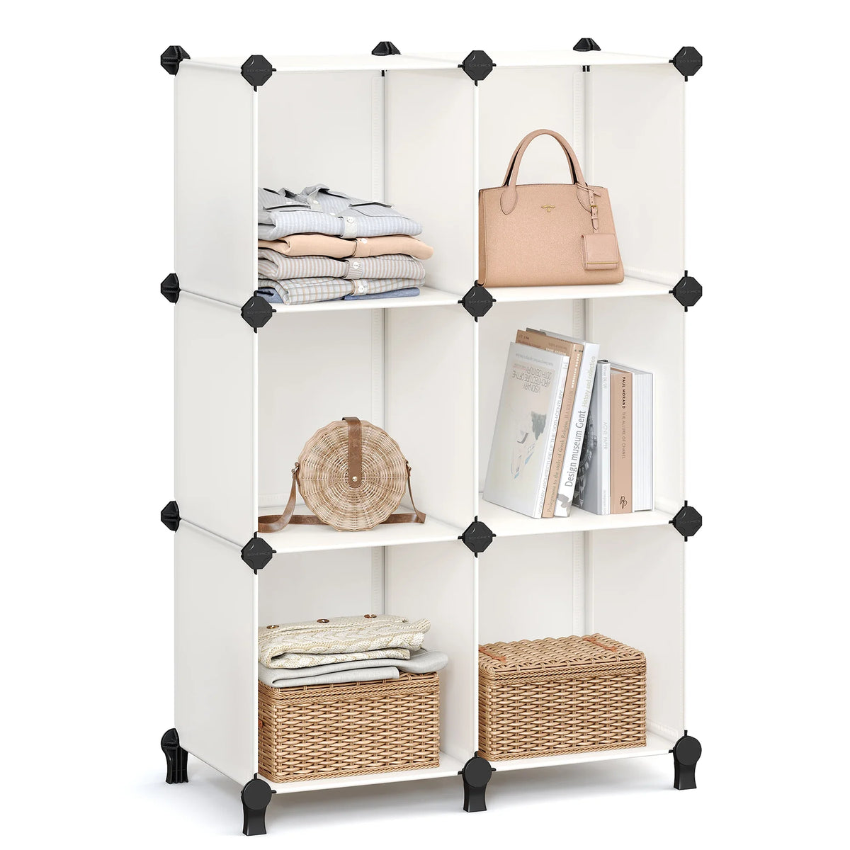 SONGMICS 6 Cube Storage Unit, Modular Plastic Cube Storage Organiser with Feet, Shoe Rack, Each Cube 30 x 30 x 30 cm - Ivory
