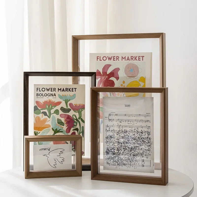 Double-sided photo frame in wood and acrylic for office