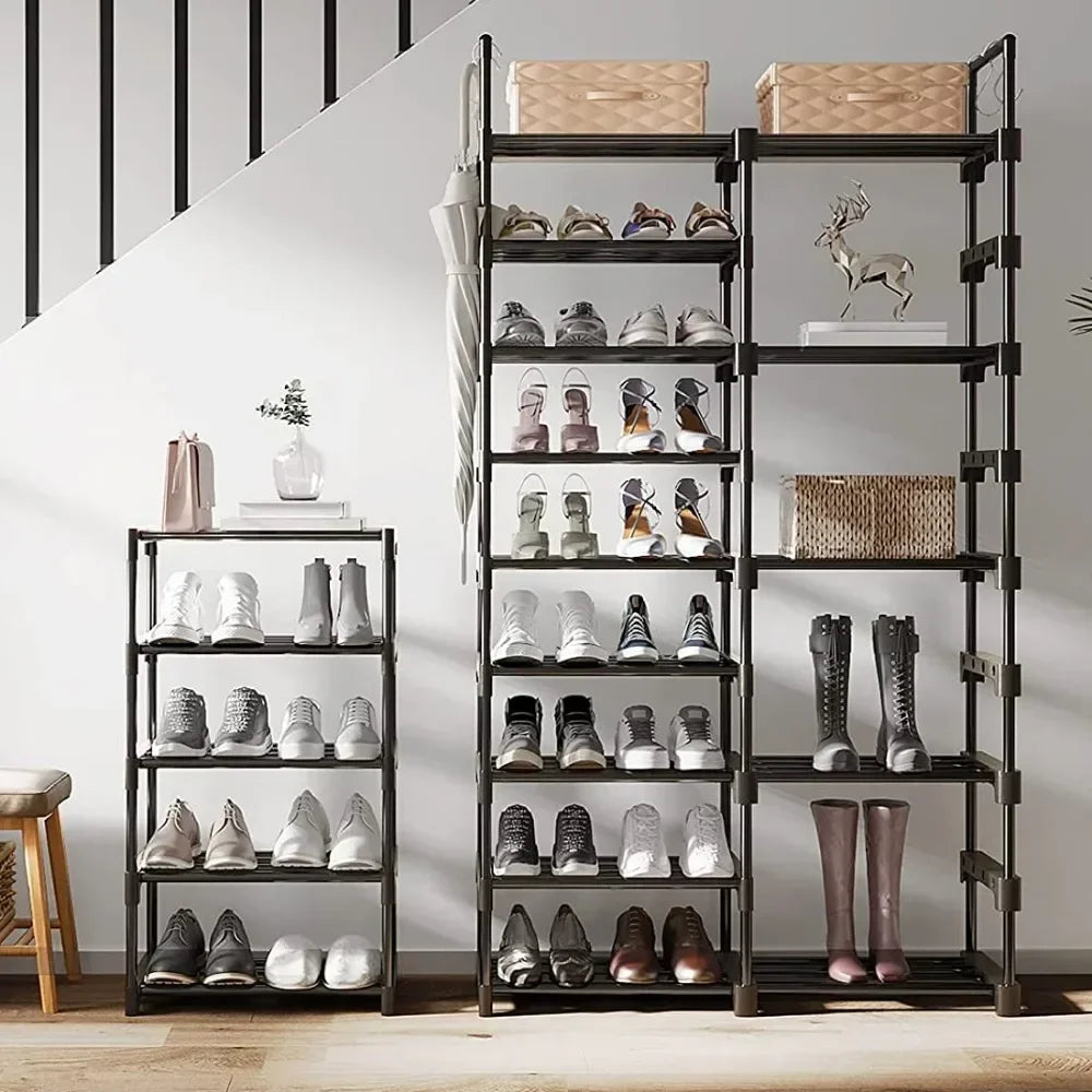 Double row metal shoe shelf with versatile hooks - view 2