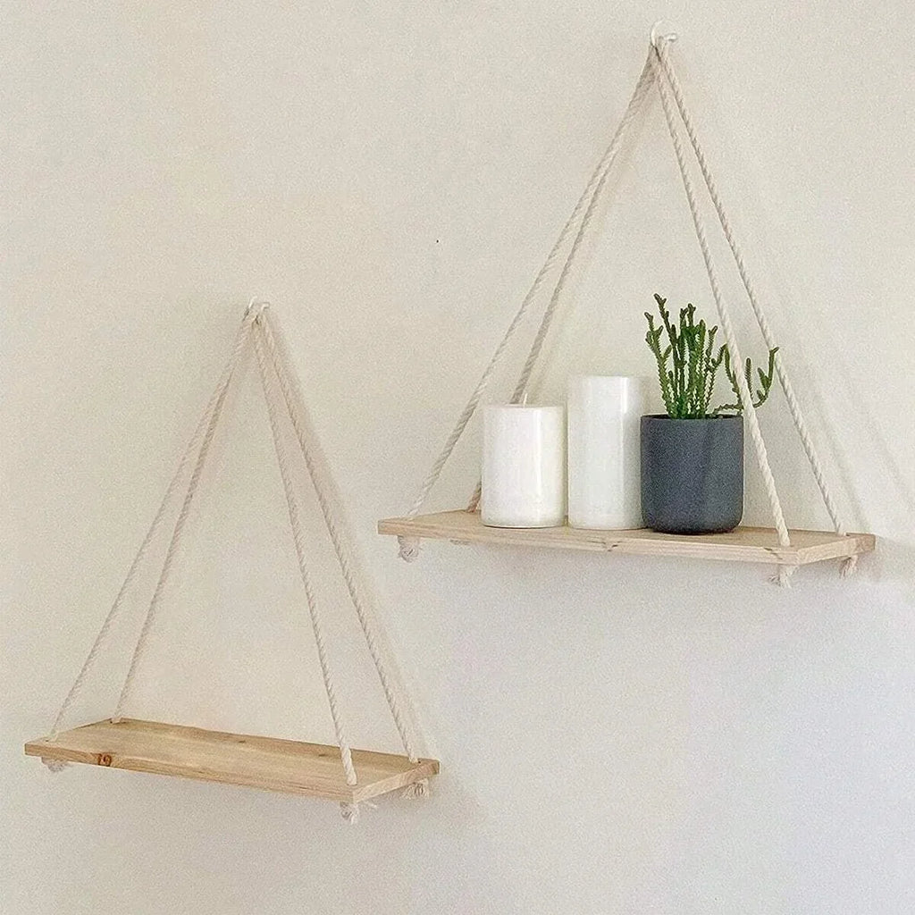 Hanging wooden swing with hemp rope for plants and storage - 1 Piece Beige