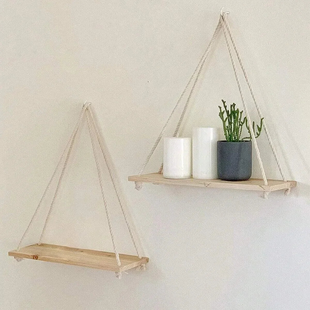 Hanging wooden swing with hemp rope for plants and storage - 1 Piece Beige