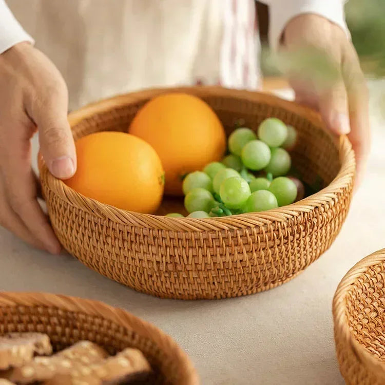 Round Rattan Fruit Basket, Wicker Woven Snack Tray, ,Bread Food Organizer, Kitchen Storage, Home Decoration - view 4