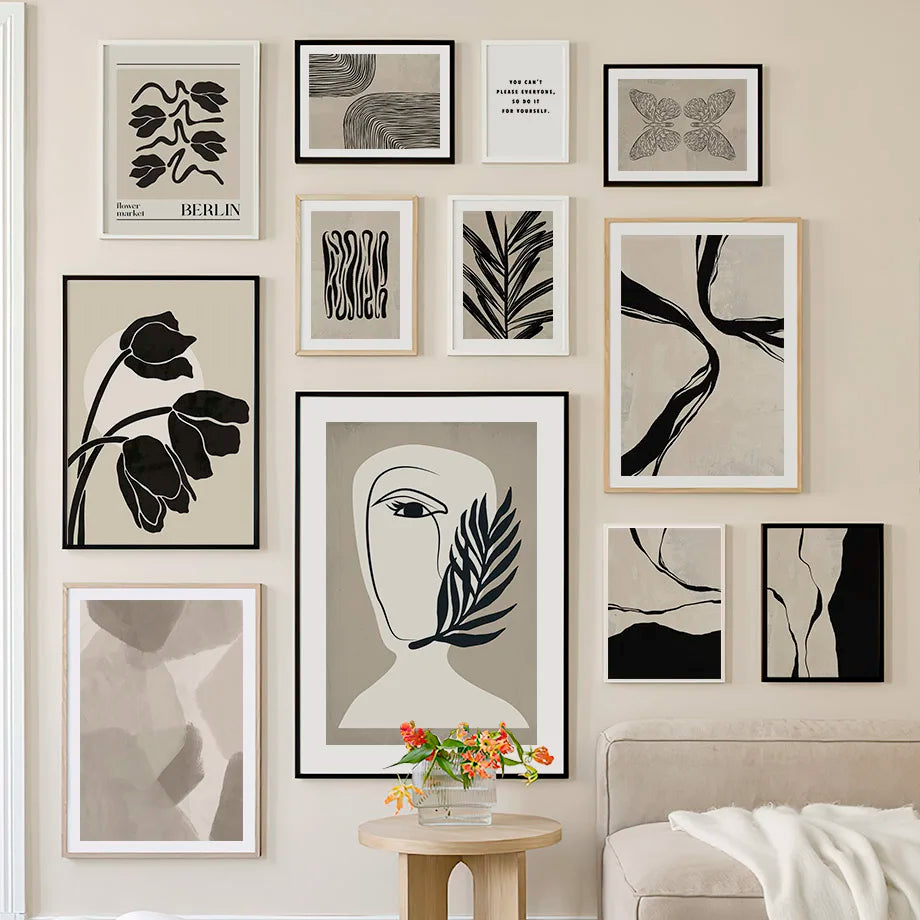 Abstract wall art face flower and decorative leaves