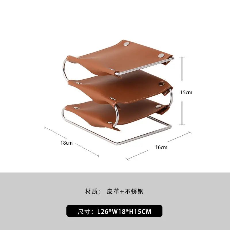 Multifunction storage holder in leather and stainless steel - Brun