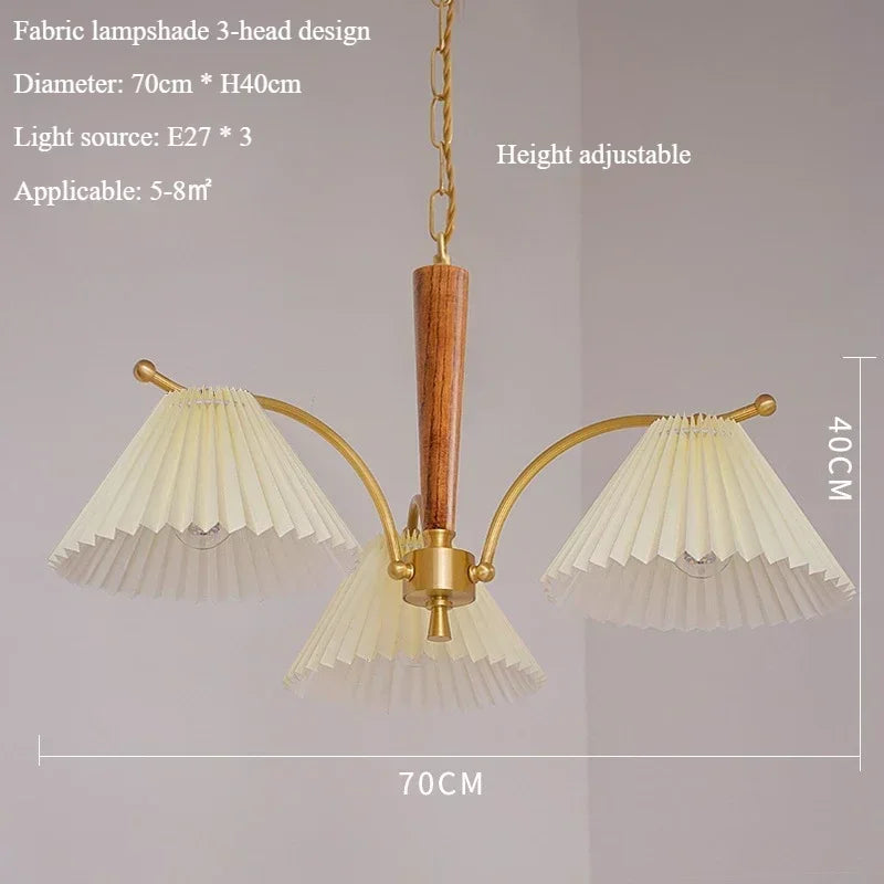 Retro Nordic hanging chandelier with a shade in pleated fabric decorative lamp - Head A-3 / Neutral Light