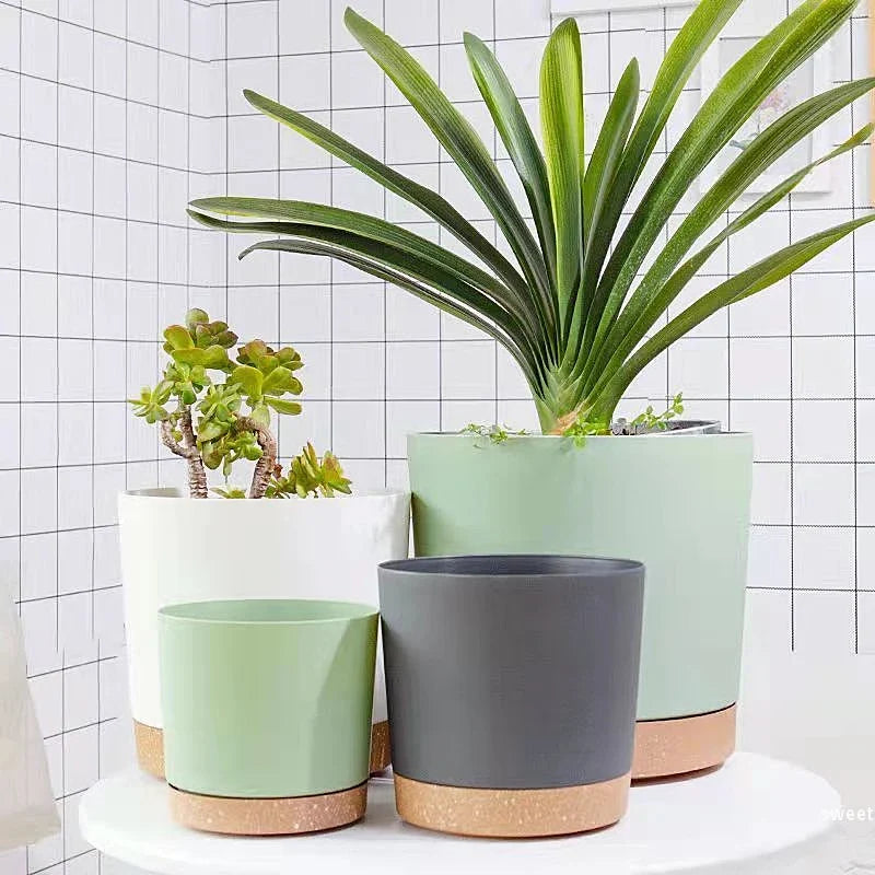 Large plastic circular pot for indoor plants with drainage and tray