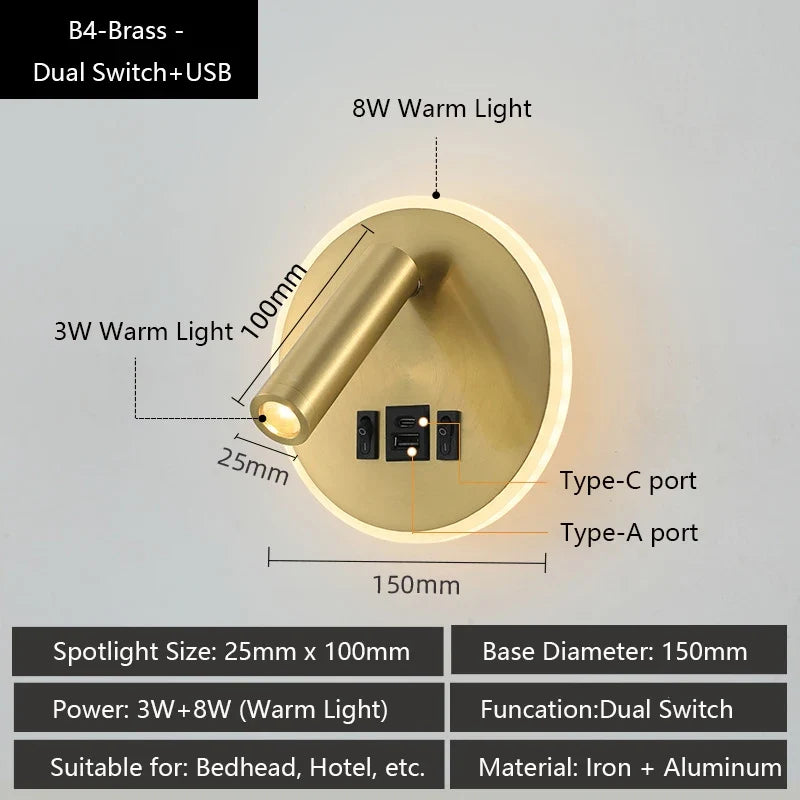 Modern led wall sconce with usb ports and adjustable reading lamps - B4 / Warm White (2700-3500K) / LED 3W and 8W