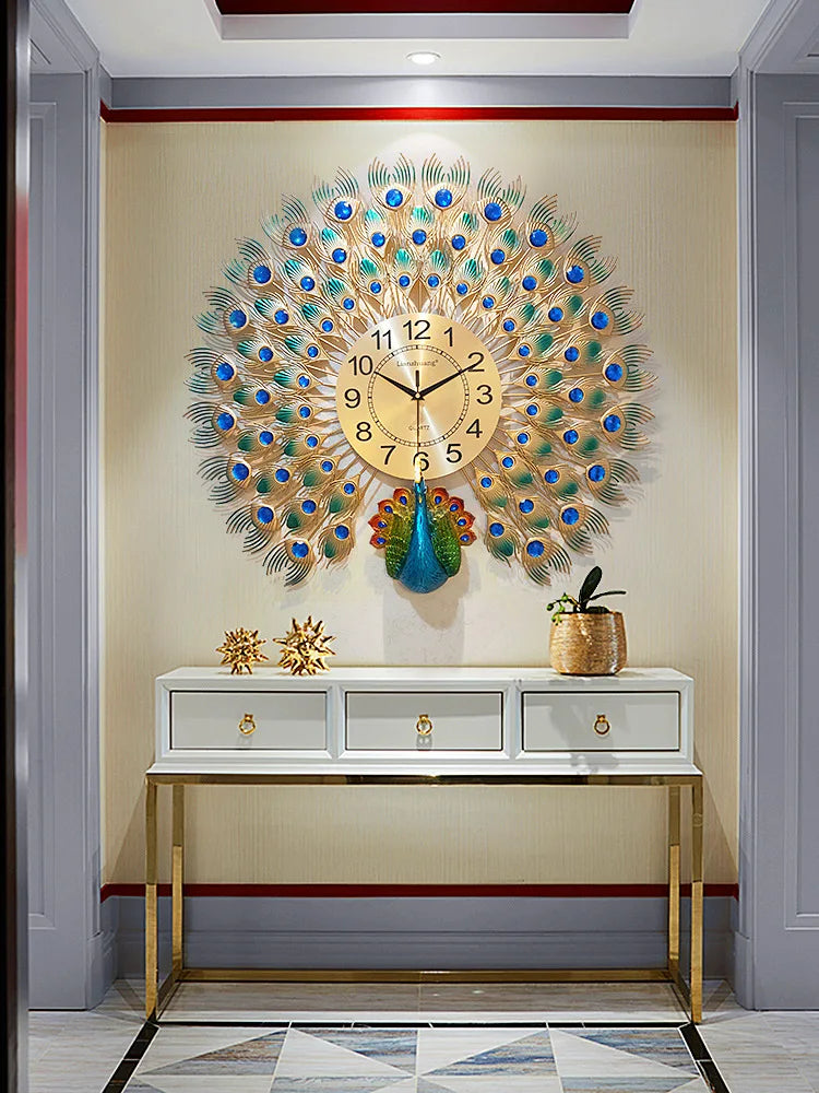 Silent metal wall clock decorative peacock pattern interior - view 3
