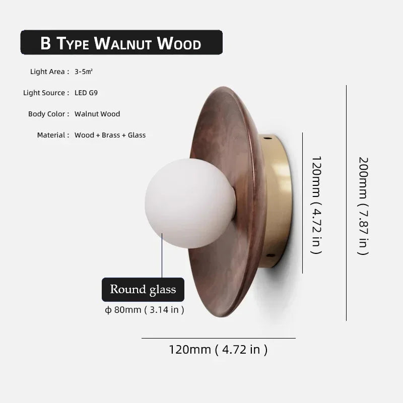 Vintage Wabi-sabi Style, Walnut wood Brass lighting wall design, Modern Wall light for Bedroom, living room, study porch, corrid - Walnut Wood-C / 3000K  Warm Light