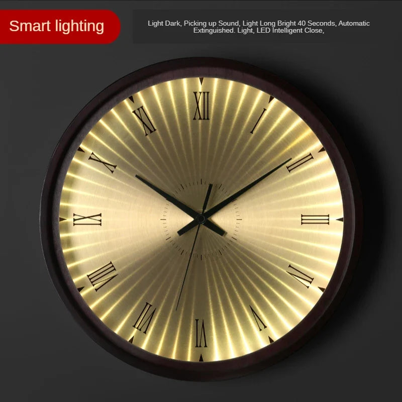 Modern design wall clock in silent and creative gold wood - Smart Lighting / 10 pouces