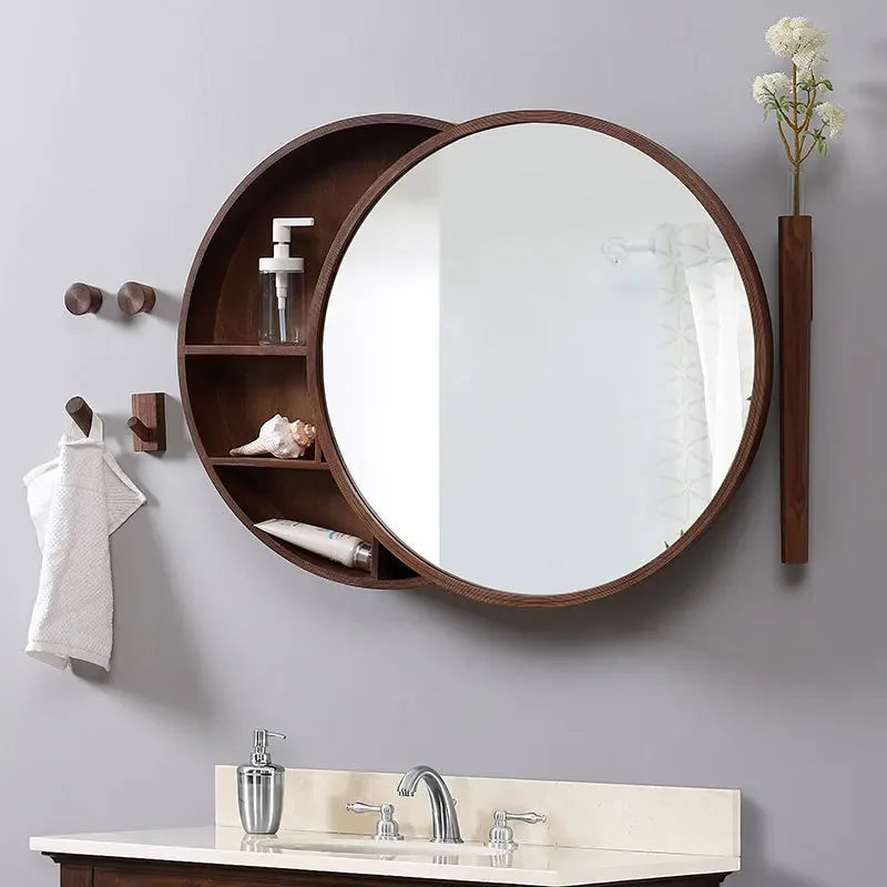 Wall storage cabinet with round decorative mirror - Brun / Diameter 50CM