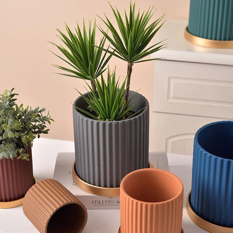 Ceramic flower jar vertical lines for indoor plants - view 4