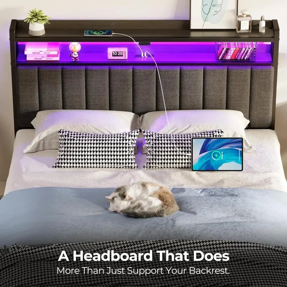 Headboard for Full/Twin/Queen Bed with Storage, 60,000 DIY Color of LED Light, with USB, Height Adjustable, Black Upholstered - view 5