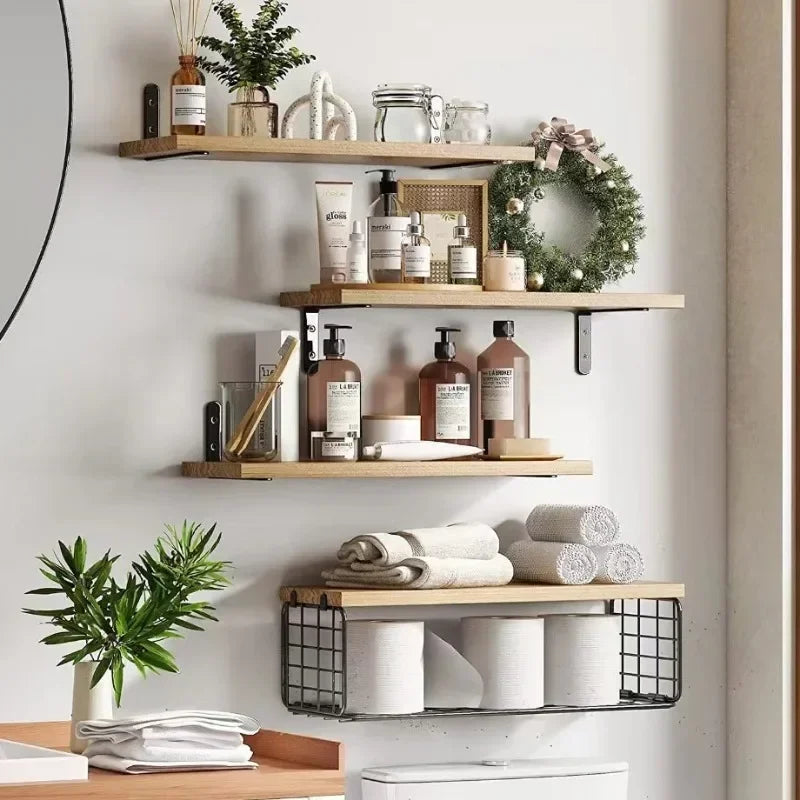 Floating wooden shelves for storage and interior decoration
