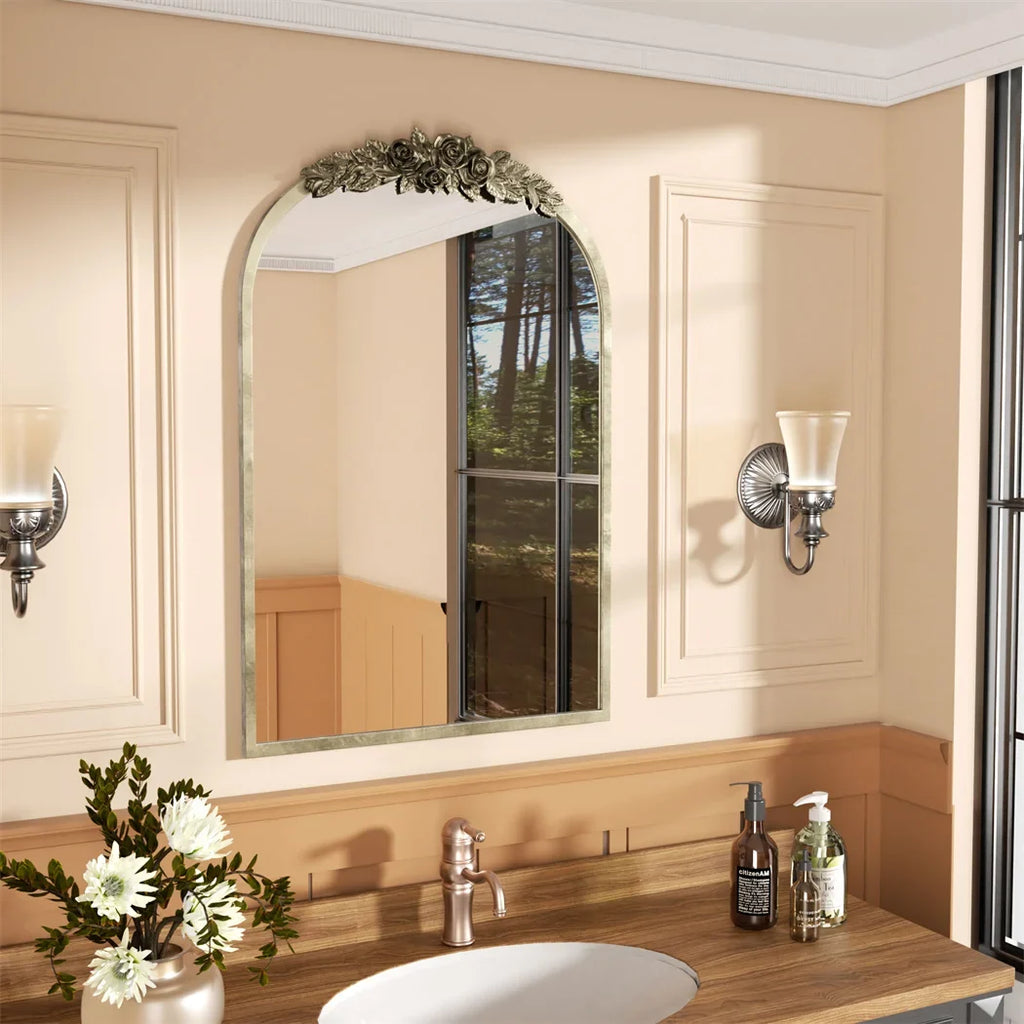 Antique Brass Arched Wall Mirror with Rose Accent for Entryway - view 5