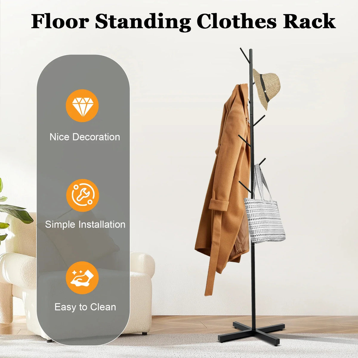 Self-supporting metal coat holder with 7 hooks for entry