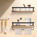 Wooden wall shelf with towel bar for practical storage