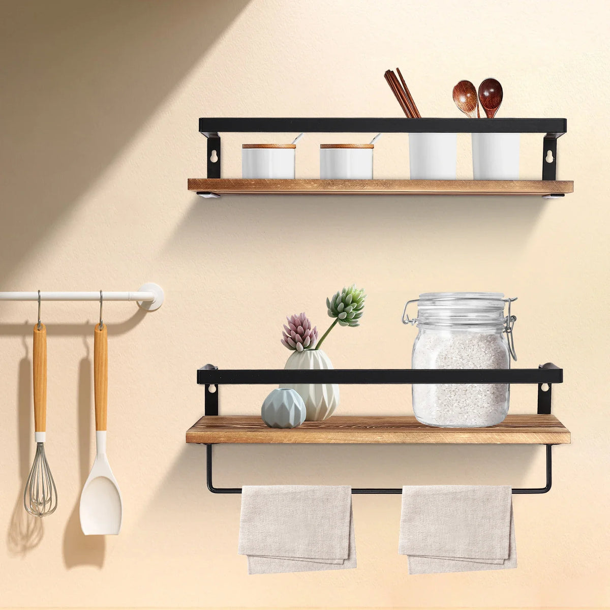 Wooden wall shelf with towel bar for practical storage