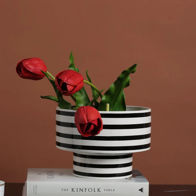 Black and White Striped Ceramic Vase, Flower Pot Decoration, Home and Living Room Decoration, Creative Geometric Striped Vase - view 3