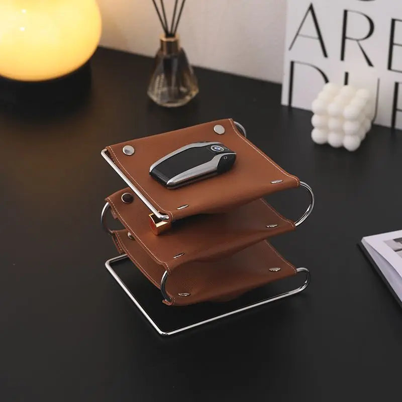 Multifunction storage holder in leather and stainless steel - view 3