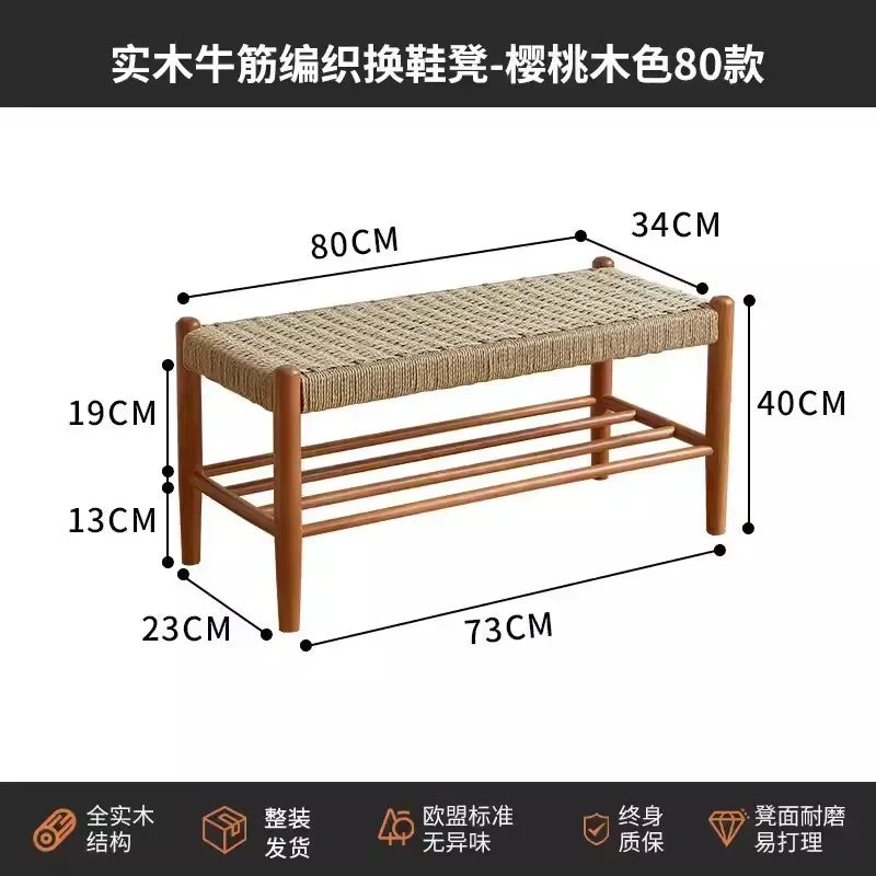 Shoes stool in solid wood braided in retro style rattan - Tabouret 80cm