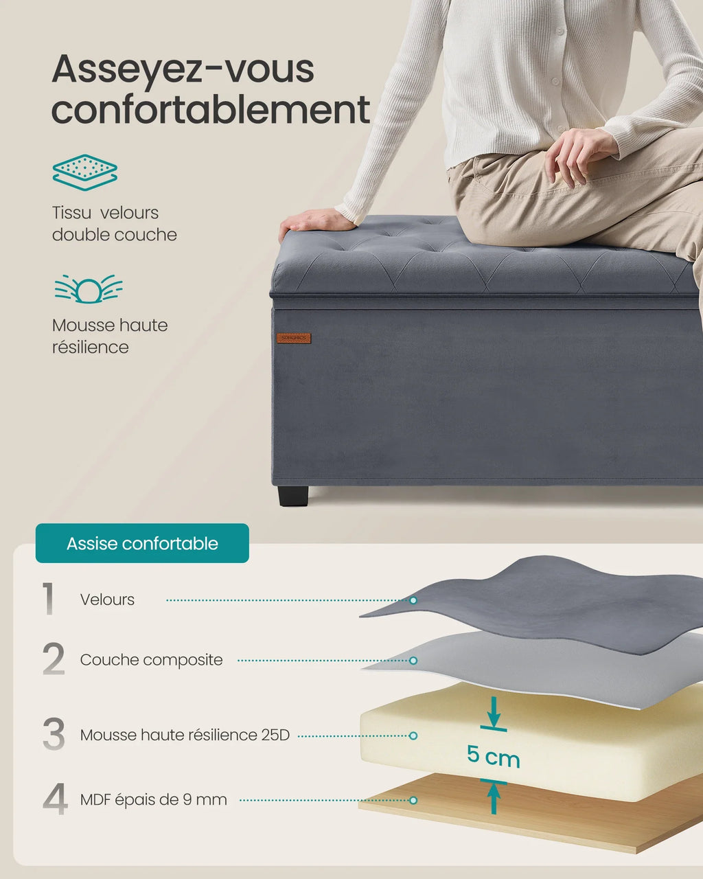 SONGMICS Stool with Storage Space, Bench with Legs, 40 x 110 x 40 cm Footstool, Storage Box, Maximum Load 300 kg - view 4