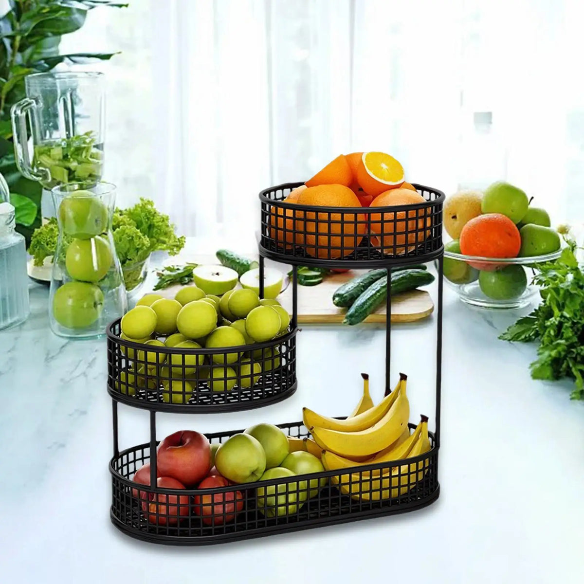 Countertop Fruit Basket Metal Wire Storage Basket, Counter Serving Tray Space Saver Serving Stand Vegetables Storage Rack - black